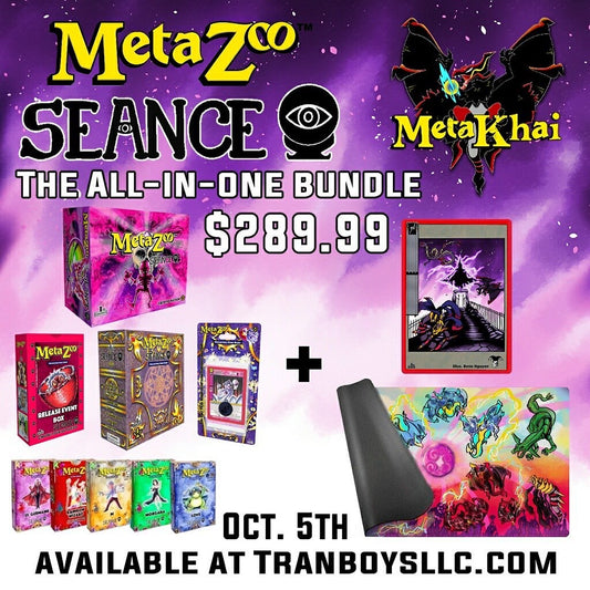 METAZOO SEANCE BUNDLE - ALL FOR ONE (1 Booster box, 1 Spellbook, 1 Theme Deck Set, 1 Release Event Deck Box, 1 Blister, 1 Premium Moldy Potions Playmat, 1 Exclusive Bennn.Art Promo)