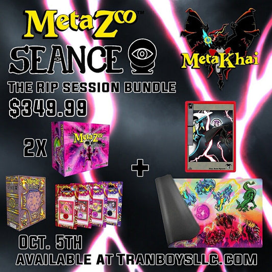 METAZOO SEANCE BUNDLE - RIP SESSION (2 Booster boxes, 1 Spellbook, Complete Set of Blisters 1 Premium Moldy Potions Playmat, 1 Exclusive Bennn.Art Promo)